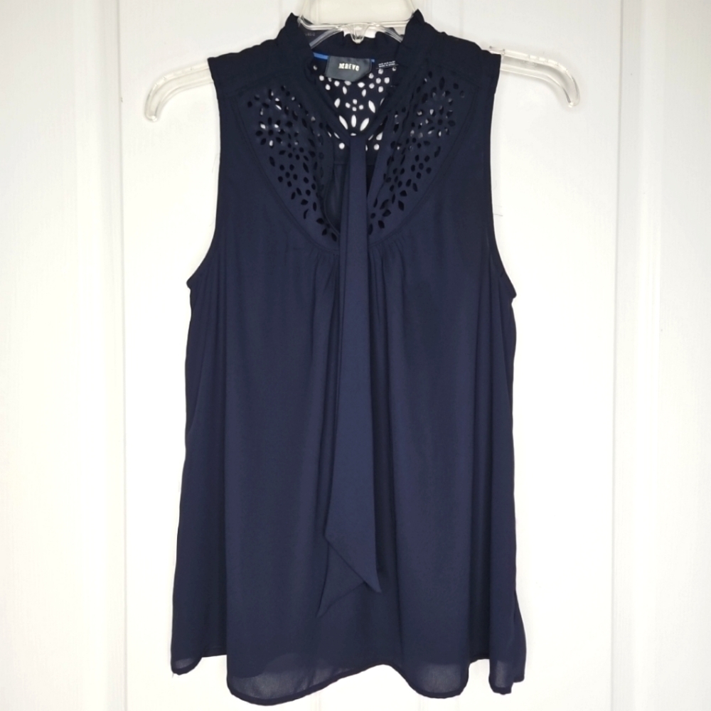 MAEVE for Anthropologie Sz 2 Luca Tie Neck Sleeveless Blouse Laser Cut Navy Blue